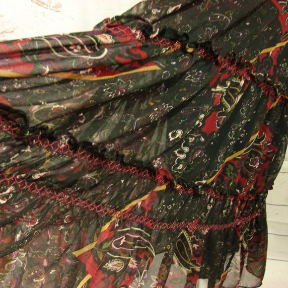 Black Deep Red Yellow Floral Flowing Layered Skirt - Picture 12 of 16